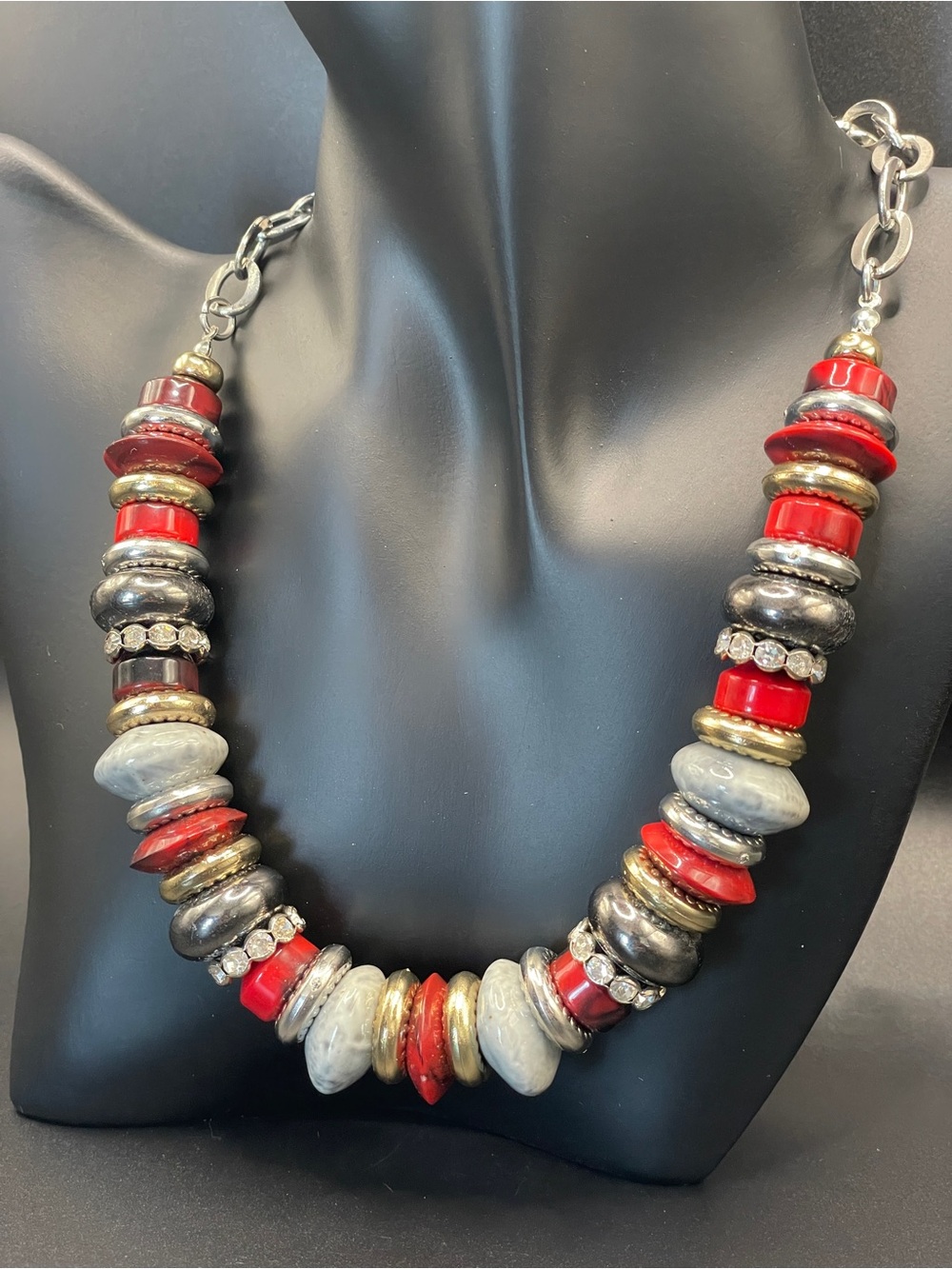 Chunky Mixed Media Statement Necklace Red Silver Gold Rhinestone Boho Heavy NOS